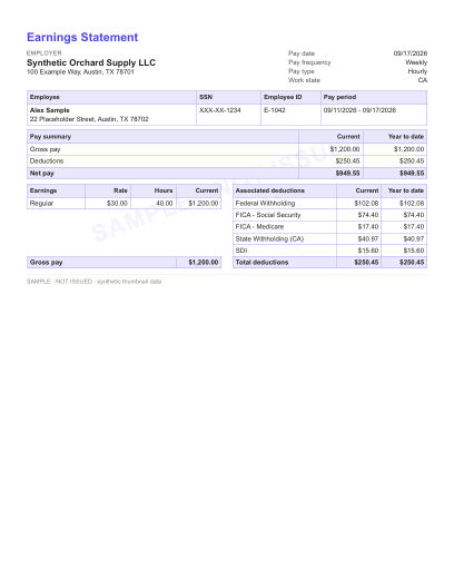 Advice statement layout in indigo, statement only, shown with sample data and a SAMPLE watermark