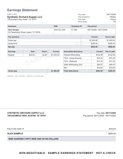 Advice statement layout in slate, with the ruled lines check area, shown with sample data and a SAMPLE watermark