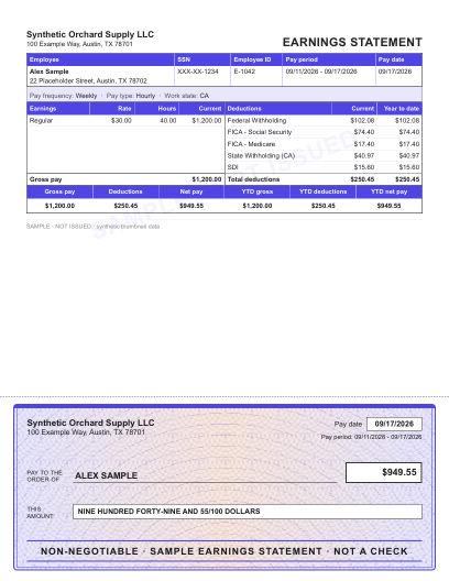 Boxed earnings statement layout in indigo, with the security tint check area, shown with sample data and a SAMPLE watermark