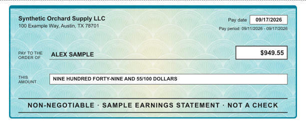 Decorative check area in the teal fan style, marked non-negotiable, with sample data