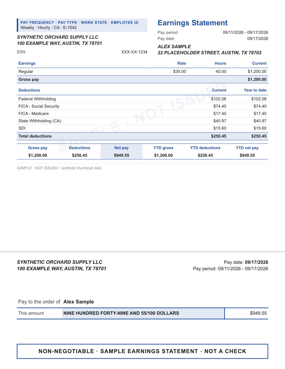 Classic earnings statement layout in blue, with the outline check area, shown with sample data and a SAMPLE watermark
