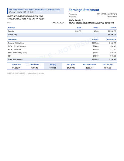 Classic earnings statement layout in blue, statement only, shown with sample data and a SAMPLE watermark