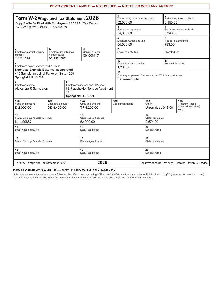 Form W-2 sample, recipient copy, filled with made-up data and marked as a sample that is not filed