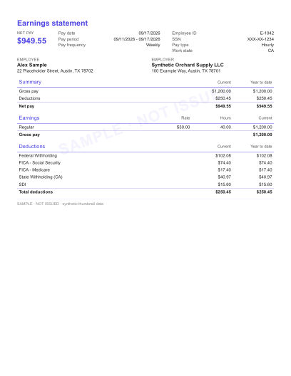 Summary with net pay headline layout in indigo, statement only, shown with sample data and a SAMPLE watermark